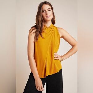 Anthro Maeve Adair Gold Yellow Twist Back Buttondown Crepe Sleeveless Tank Top 8
